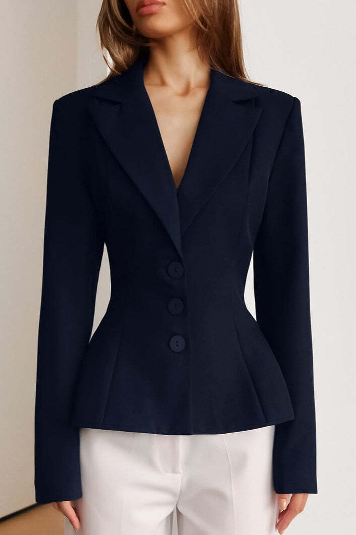 Fitted Waist V-Neck Padded Shoulder Long Sleeve Blazer Fitted Waist V-Neck Padded Shoulder Long Sleeve Blazer