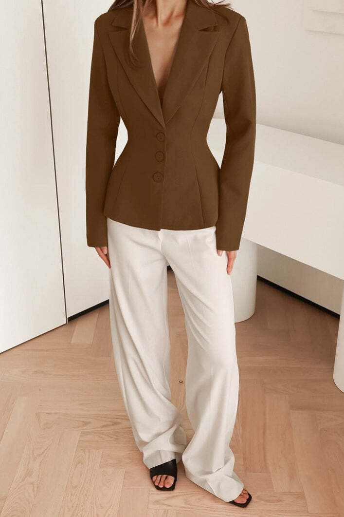 Fitted Waist V-Neck Padded Shoulder Long Sleeve Blazer Fitted Waist V-Neck Padded Shoulder Long Sleeve Blazer