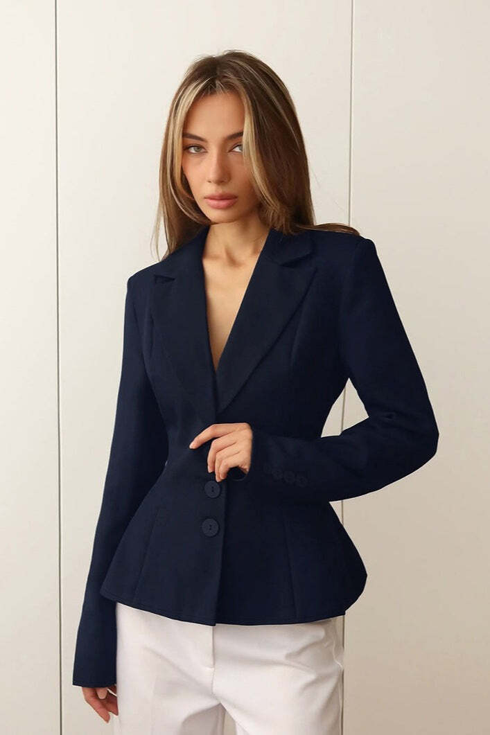 Fitted Waist V-Neck Padded Shoulder Long Sleeve Blazer Fitted Waist V-Neck Padded Shoulder Long Sleeve Blazer