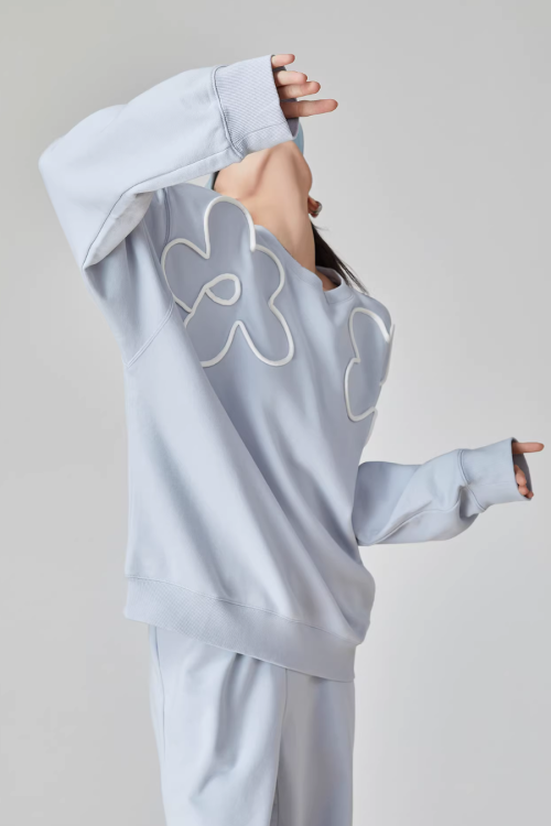 Floral Decorative Crewneck Pullover Top / Wide-Leg Pants