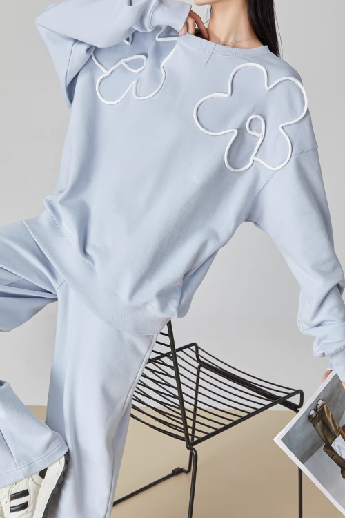 Floral Decorative Crewneck Pullover Top / Wide-Leg Pants