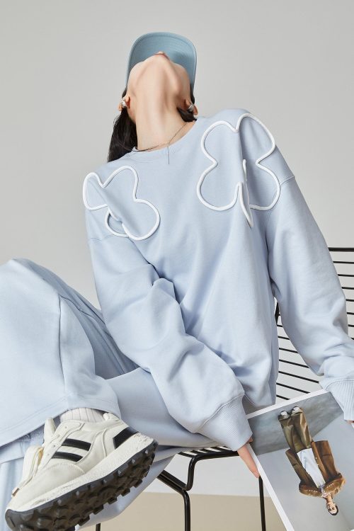 Floral Decorative Crewneck Pullover Top / Wide-Leg Pants