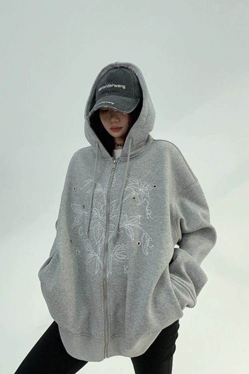Floral Embroidery Hood Jacket