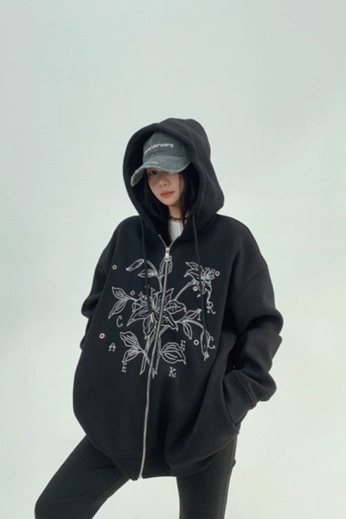 Floral Embroidery Hood Jacket