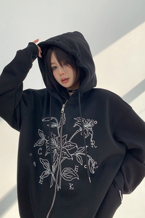 Floral Embroidery Hood Jacket