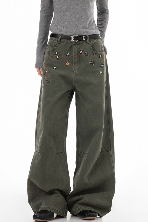 Floral Embroidery Wide Denim Pants
