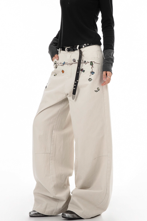Floral Embroidery Wide Denim Pants