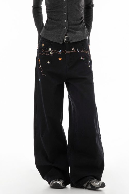 Floral Embroidery Wide Denim Pants