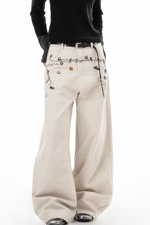 Floral Embroidery Wide Denim Pants