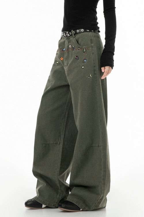 Floral Embroidery Wide Denim Pants