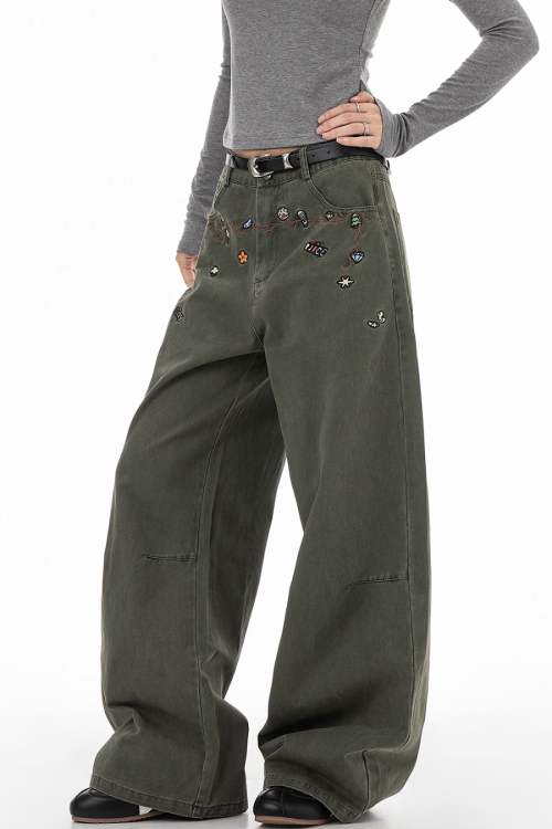 Floral Embroidery Wide Denim Pants