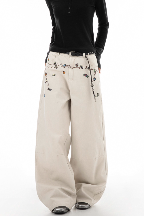 Floral Embroidery Wide Denim Pants