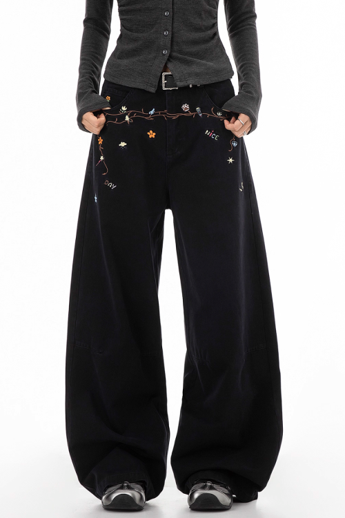Floral Embroidery Wide Denim Pants