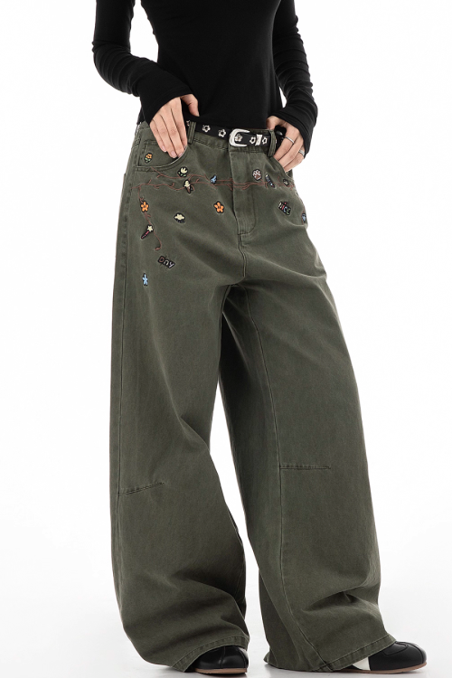 Floral Embroidery Wide Denim Pants