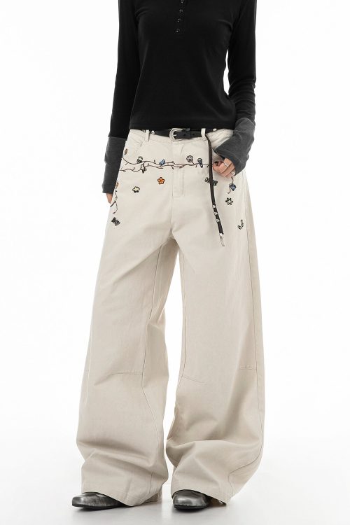 Floral Embroidery Wide Denim Pants