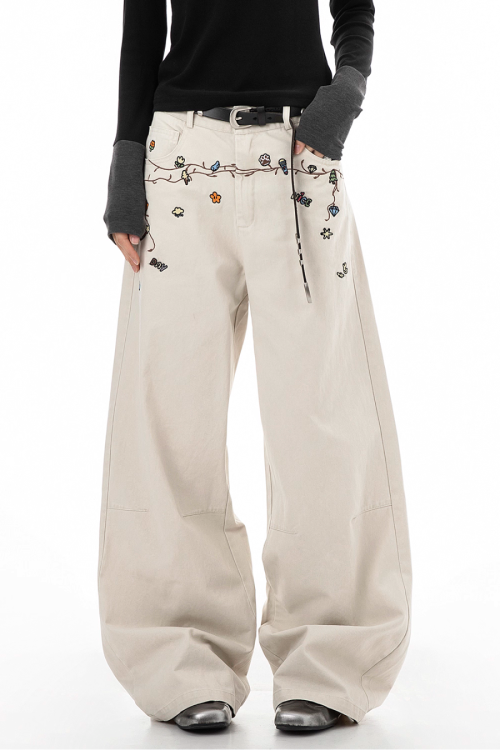 Floral Embroidery Wide Denim Pants