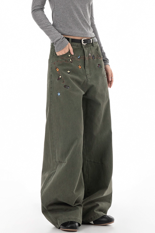 Floral Embroidery Wide Denim Pants