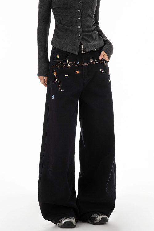 Floral Embroidery Wide Denim Pants