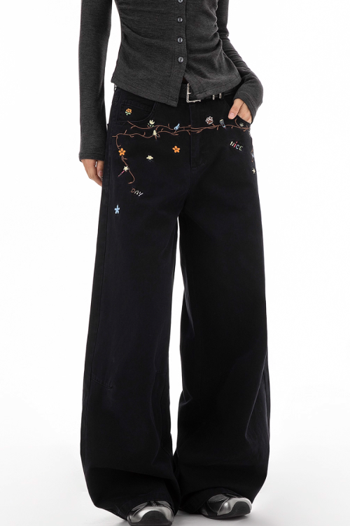 Floral Embroidery Wide Denim Pants