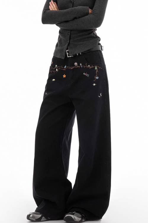 Floral Embroidery Wide Denim Pants
