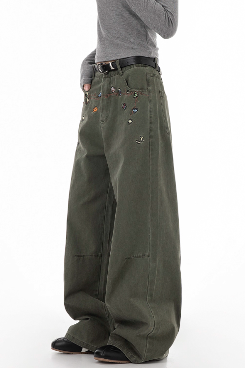 Floral Embroidery Wide Denim Pants