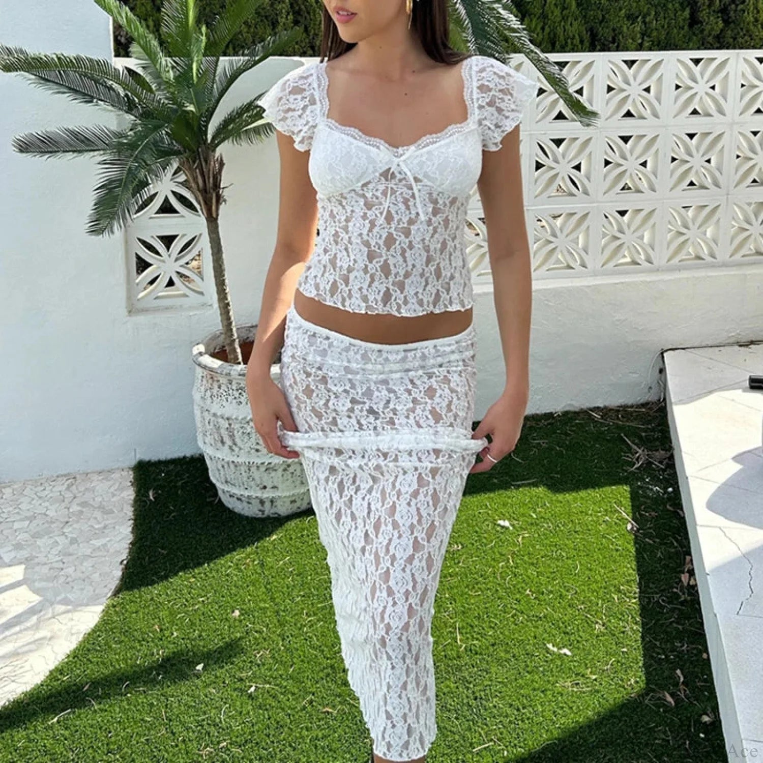 Floral Lace See-Through Short Sleeve Crop Top Long Skirt Two Pieces Set Floral Lace See-Through Short Sleeve Crop Top Long Skirt Two Pieces Set