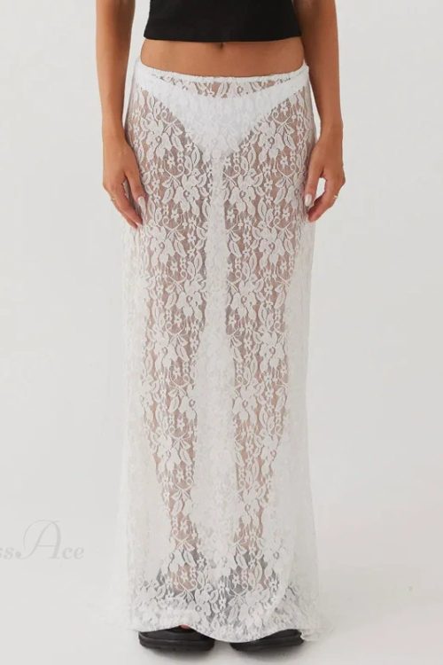 Floral Lace See-Through Short Sleeve Crop Top Long Skirt Two Pieces Set