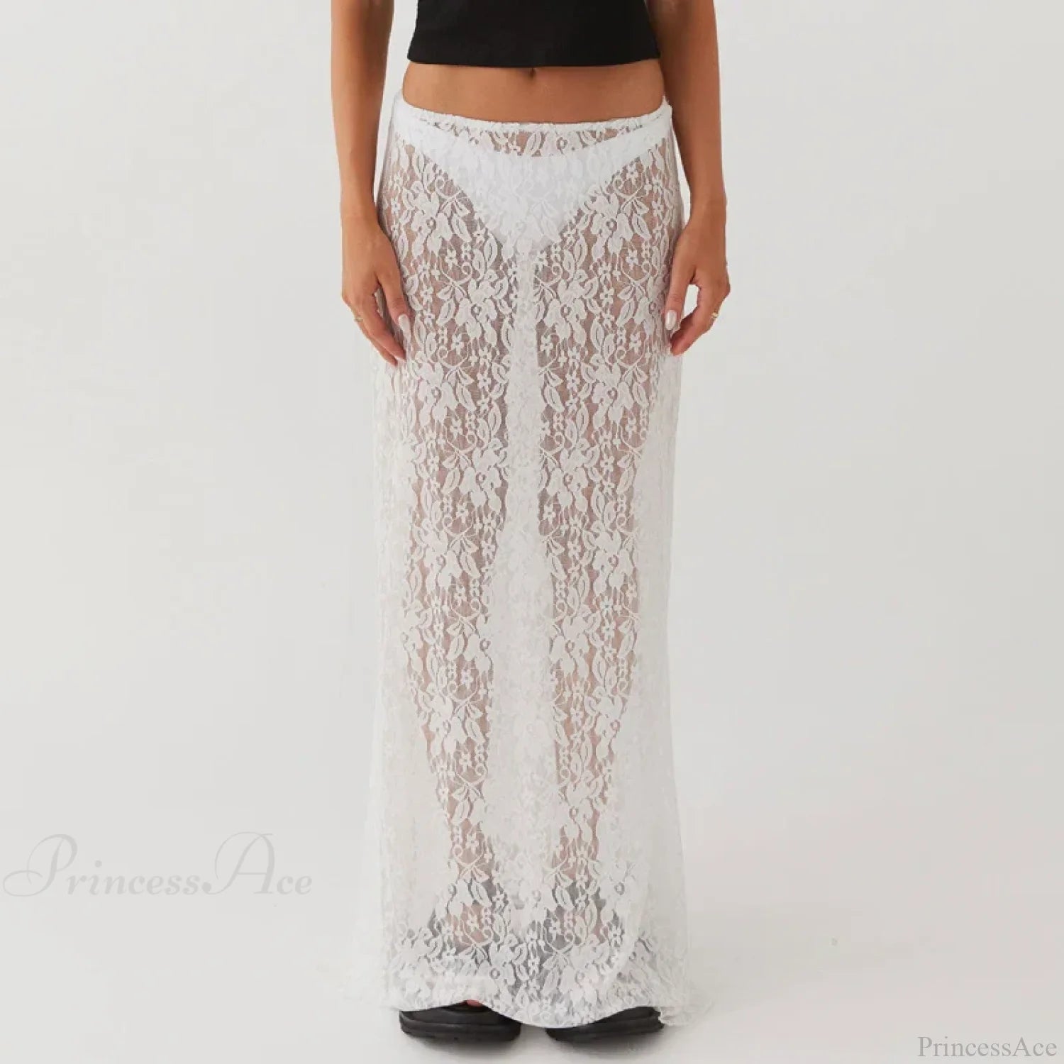 Floral Lace See-Through Short Sleeve Crop Top Long Skirt Two Pieces Set Floral Lace See-Through Short Sleeve Crop Top Long Skirt Two Pieces Set