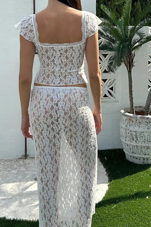Floral Lace See-Through Short Sleeve Crop Top Long Skirt Two Pieces Set