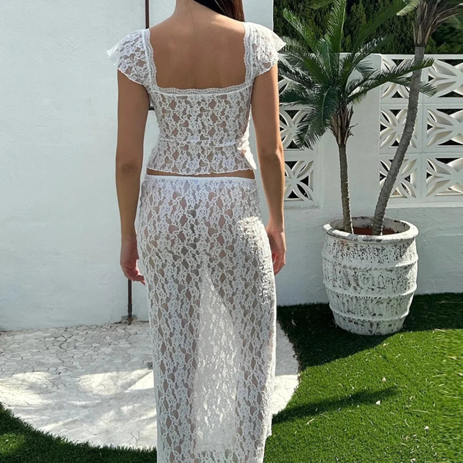Floral Lace See-Through Short Sleeve Crop Top Long Skirt Two Pieces Set Floral Lace See-Through Short Sleeve Crop Top Long Skirt Two Pieces Set