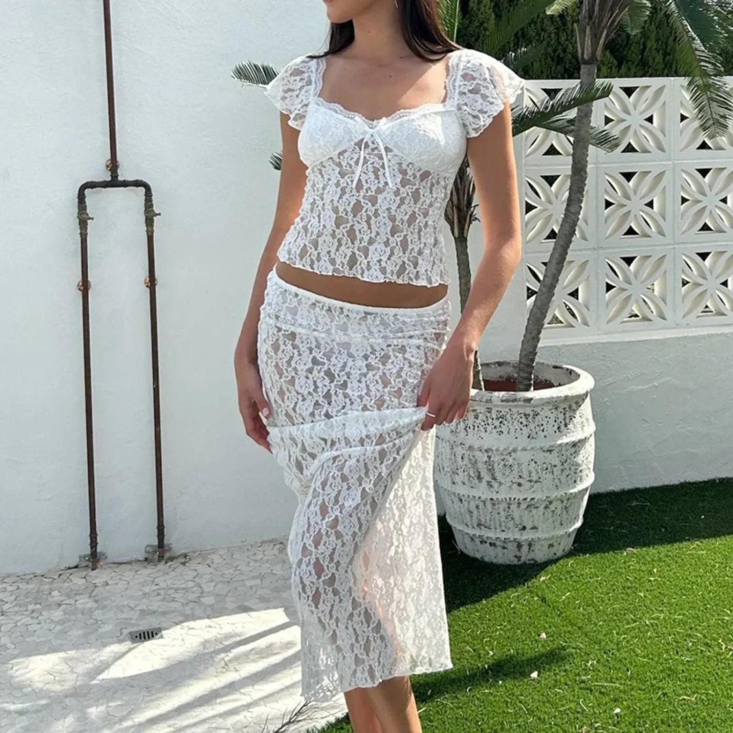 Floral Lace See-Through Short Sleeve Crop Top Long Skirt Two Pieces Set Floral Lace See-Through Short Sleeve Crop Top Long Skirt Two Pieces Set