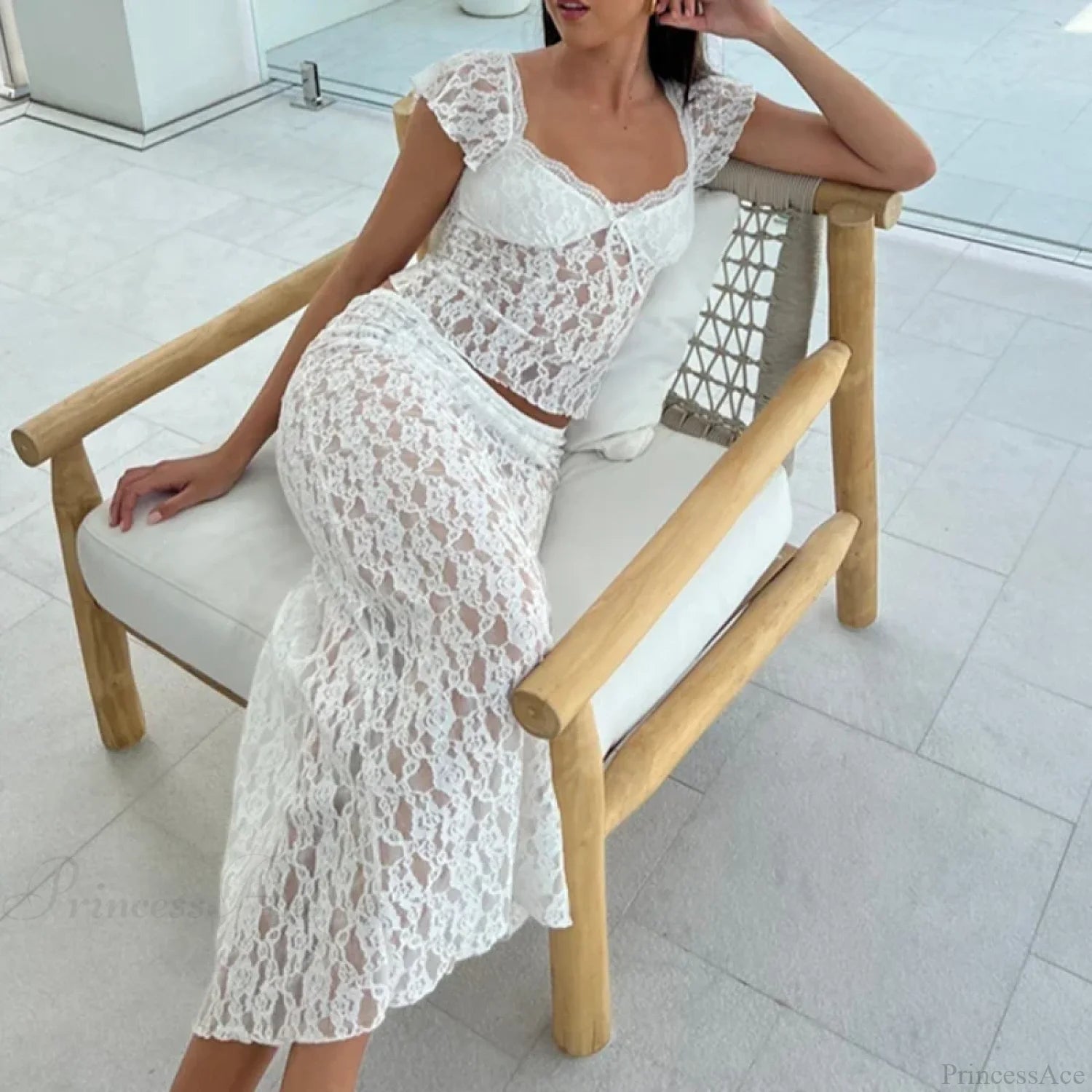 Floral Lace See-Through Short Sleeve Crop Top Long Skirt Two Pieces Set Floral Lace See-Through Short Sleeve Crop Top Long Skirt Two Pieces Set