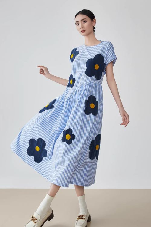 Floral Plaid Short-Sleeve Shirt Dress