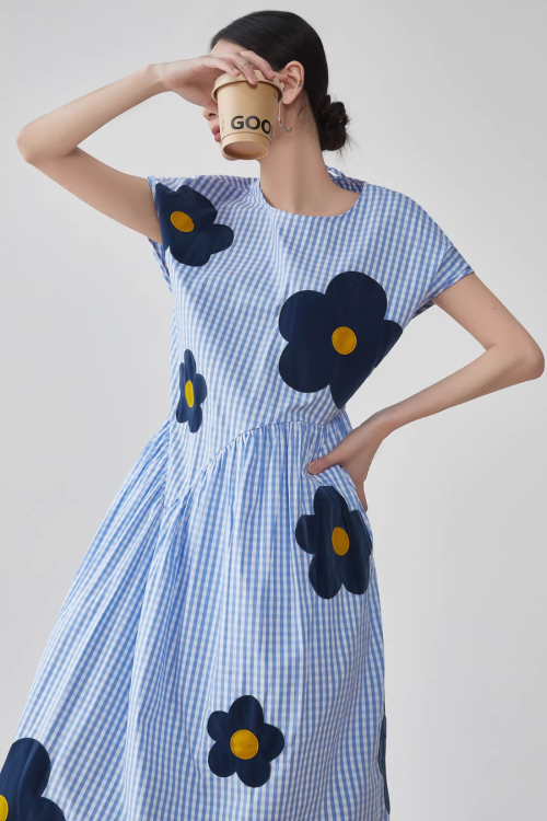 Floral Plaid Short-Sleeve Shirt Dress