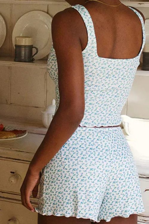 Floral Print Bow Trim Sleeveless Crop Tops Shorts Two Pieces Set