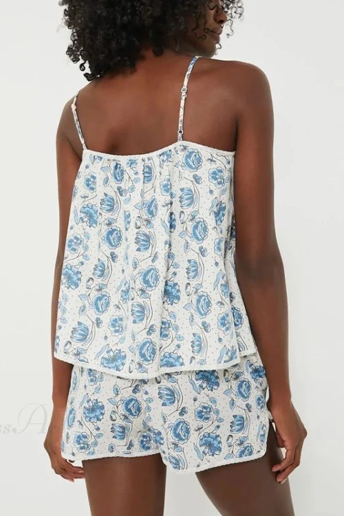 Floral Print Camisole Pajama Set Bow Trim Sleeveless Crop Shorts Two Pieces Set