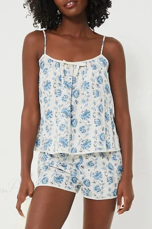 Floral Print Camisole Pajama Set Bow Trim Sleeveless Crop Shorts Two Pieces Set