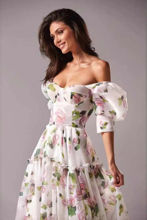 Floral Print Off Shoulder Puff Sleeve Organza Maxi Dress