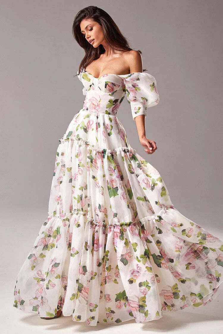 Floral Print Off Shoulder Puff Sleeve Organza Maxi Dress
