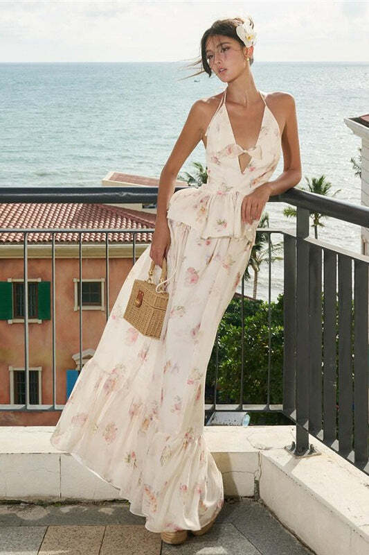 Floral Slim Fit Deep V High Waist Maxi Dress