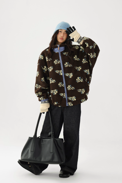 Floral Stand Collar Fleece Jacket