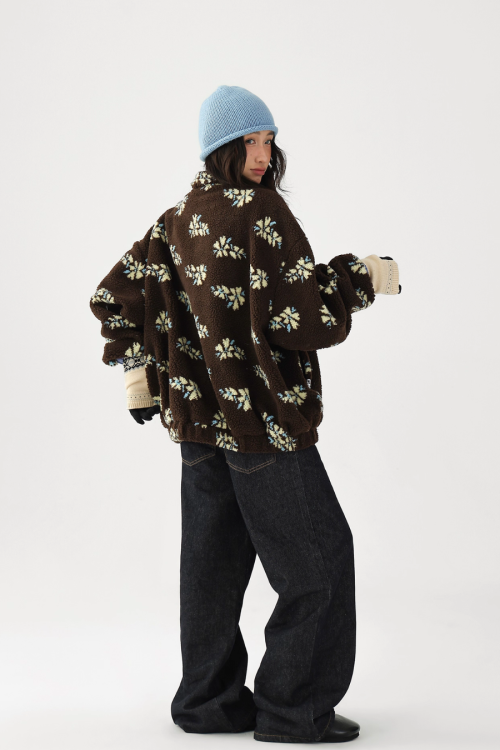 Floral Stand Collar Fleece Jacket