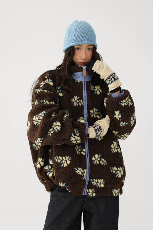 Floral Stand Collar Fleece Jacket