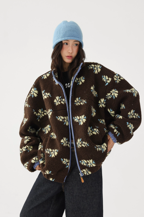 Floral Stand Collar Fleece Jacket