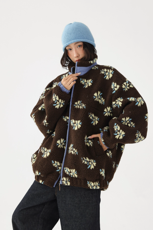Floral Stand Collar Fleece Jacket