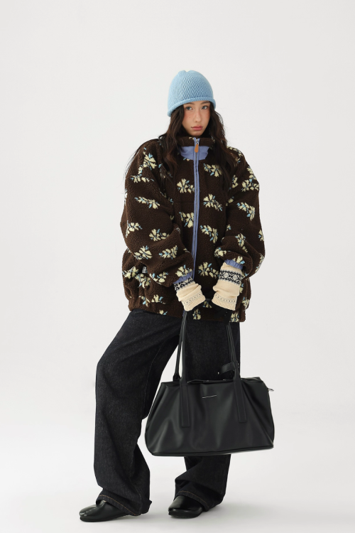 Floral Stand Collar Fleece Jacket