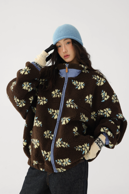 Floral Stand Collar Fleece Jacket