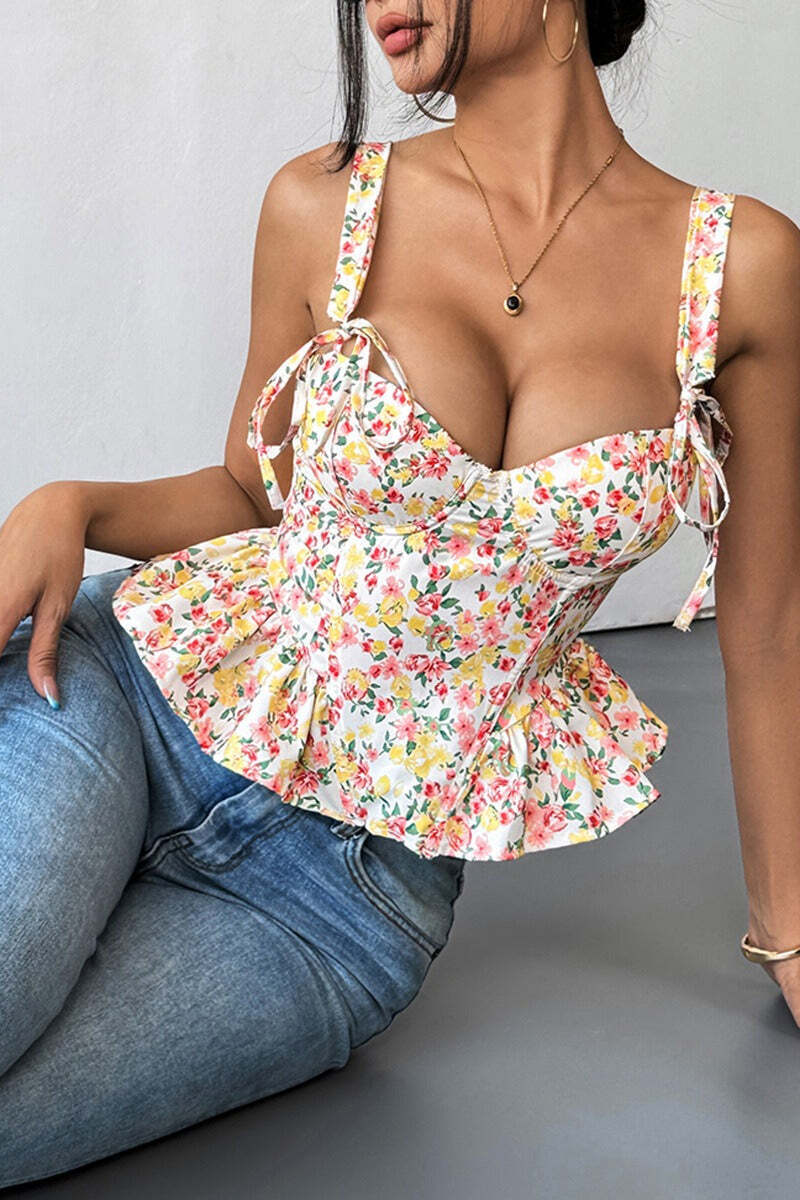 Floral Tie Adjustable Boned Ruffled Tank Top Floral Tie Adjustable Boned Ruffled Tank Top