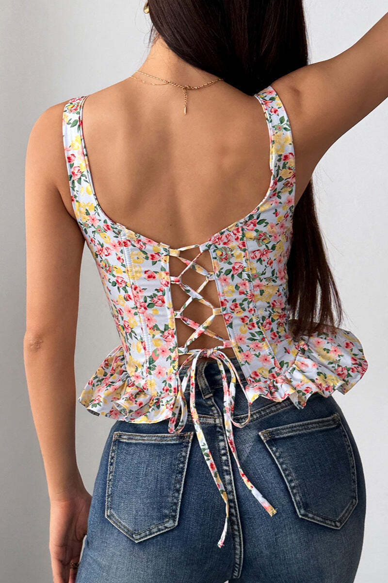 Floral Tie Adjustable Boned Ruffled Tank Top Floral Tie Adjustable Boned Ruffled Tank Top