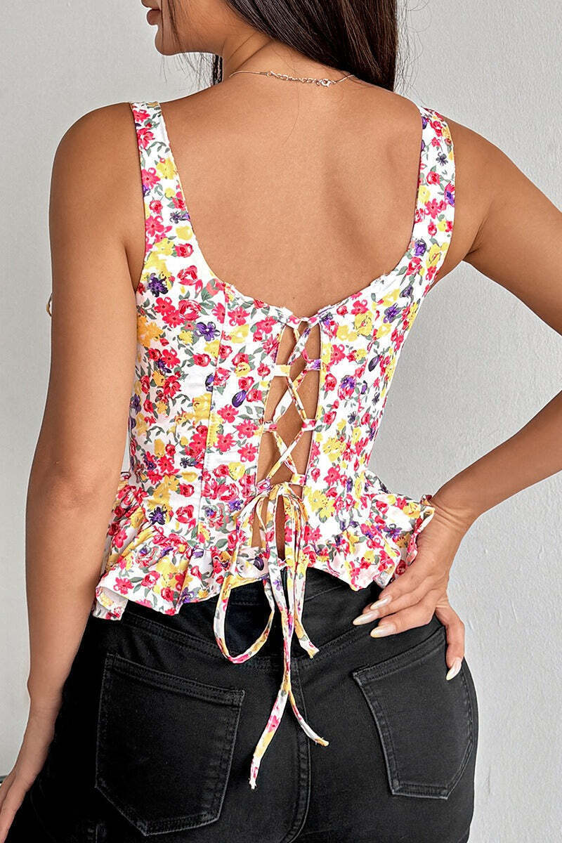 Floral Tie Adjustable Boned Ruffled Tank Top Floral Tie Adjustable Boned Ruffled Tank Top